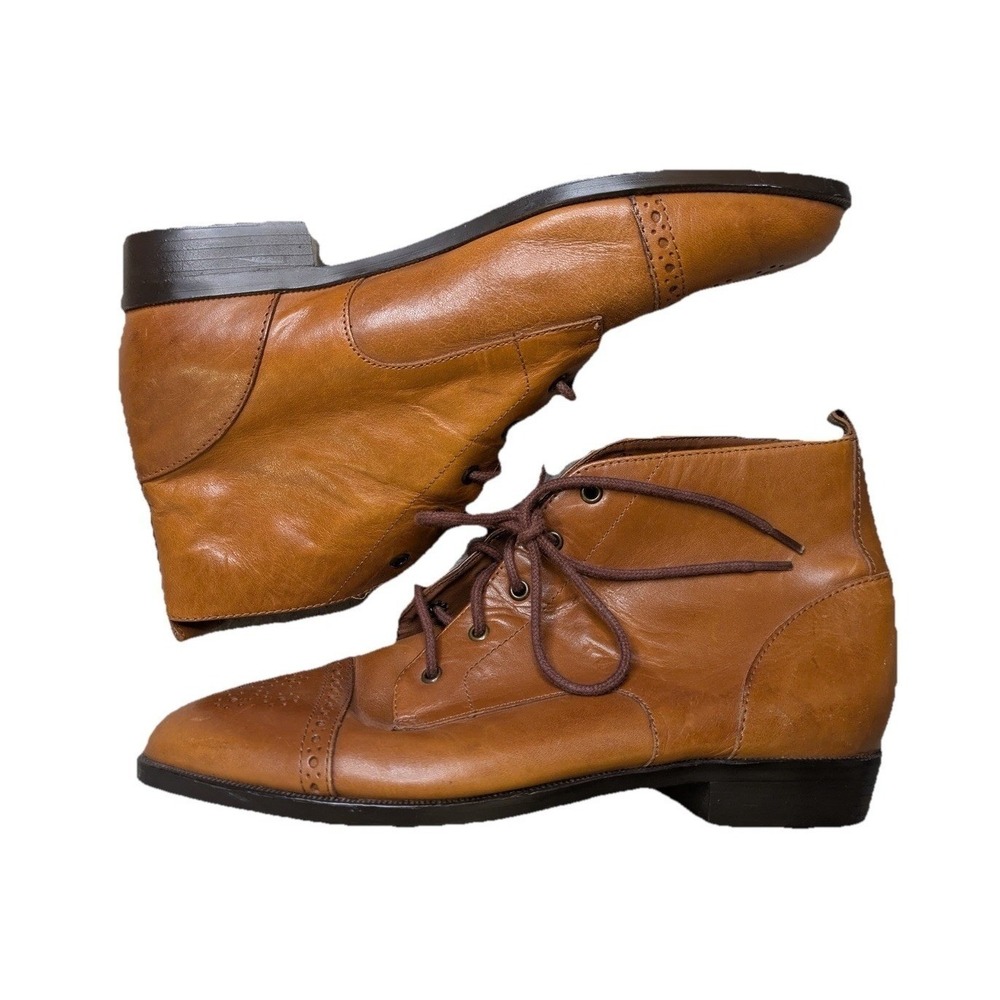 Calico Tan Leather Brogue Ankle Boots Women's Size 8M Lace Up Wingtip Detail